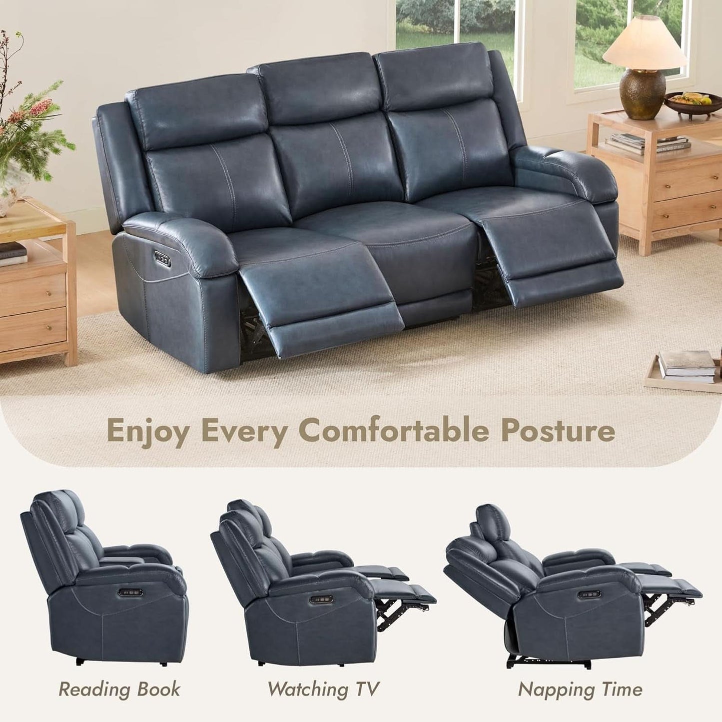 Navy Genuine Leather Power Recliner Sofa With USB Type C-4