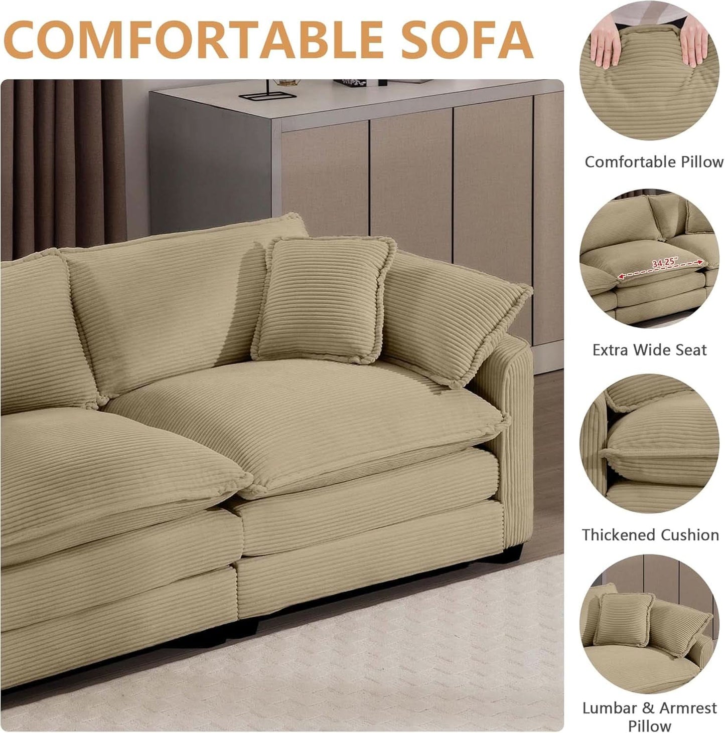 3 Piece Corduroy Sofa Set Camel 3 Seater And 2 Loveseats-4