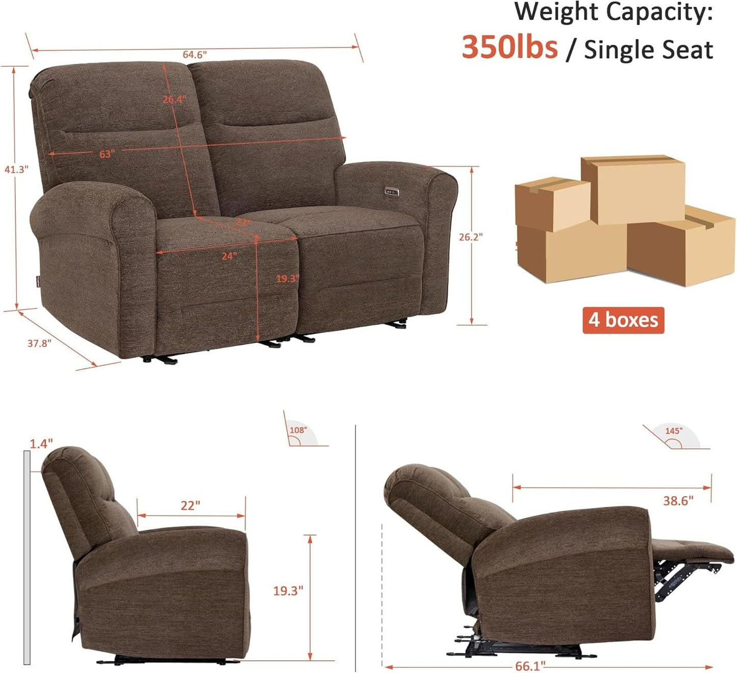 Fabric 64.6 Inch Dark Brown Wall Hugger Power Recliner Loveseat-2
