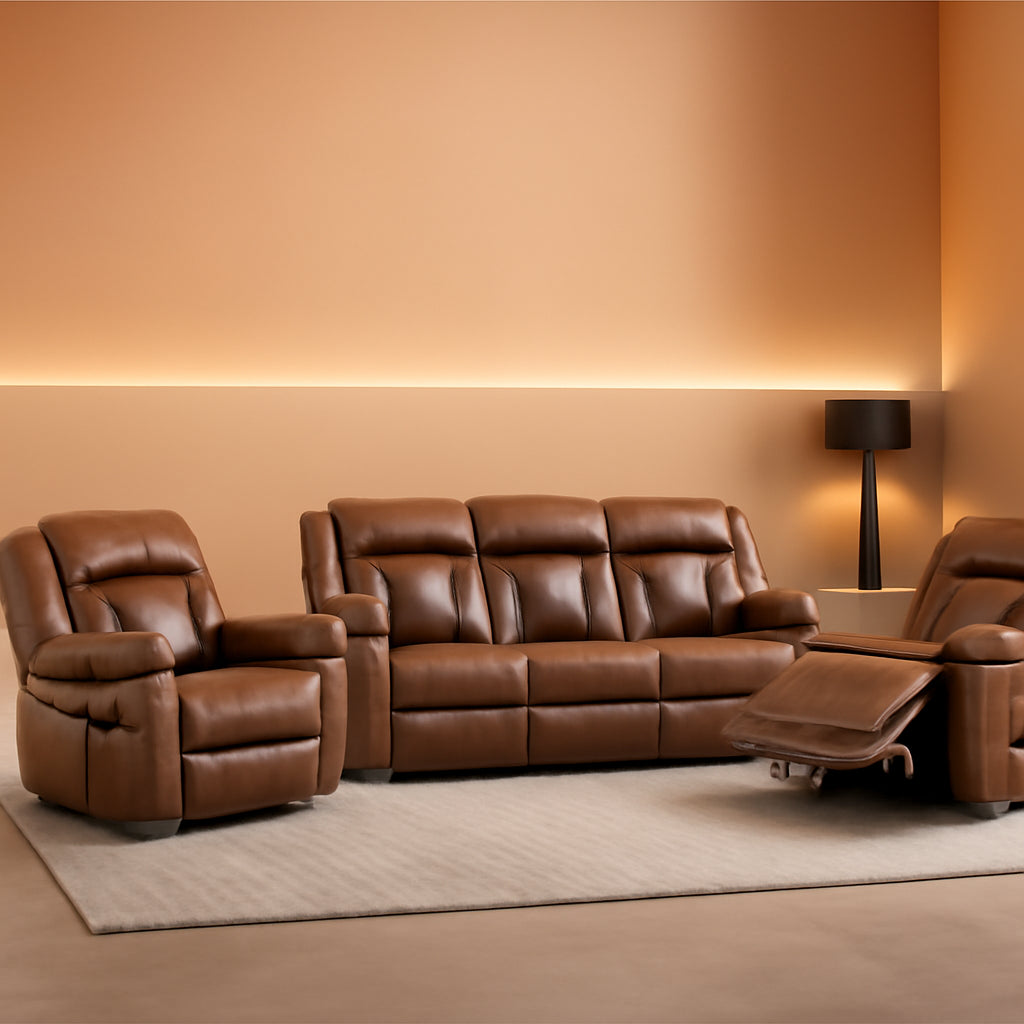 Brown Faux Leather Recliner Sofa Set Luxury Living Room Furniture-0