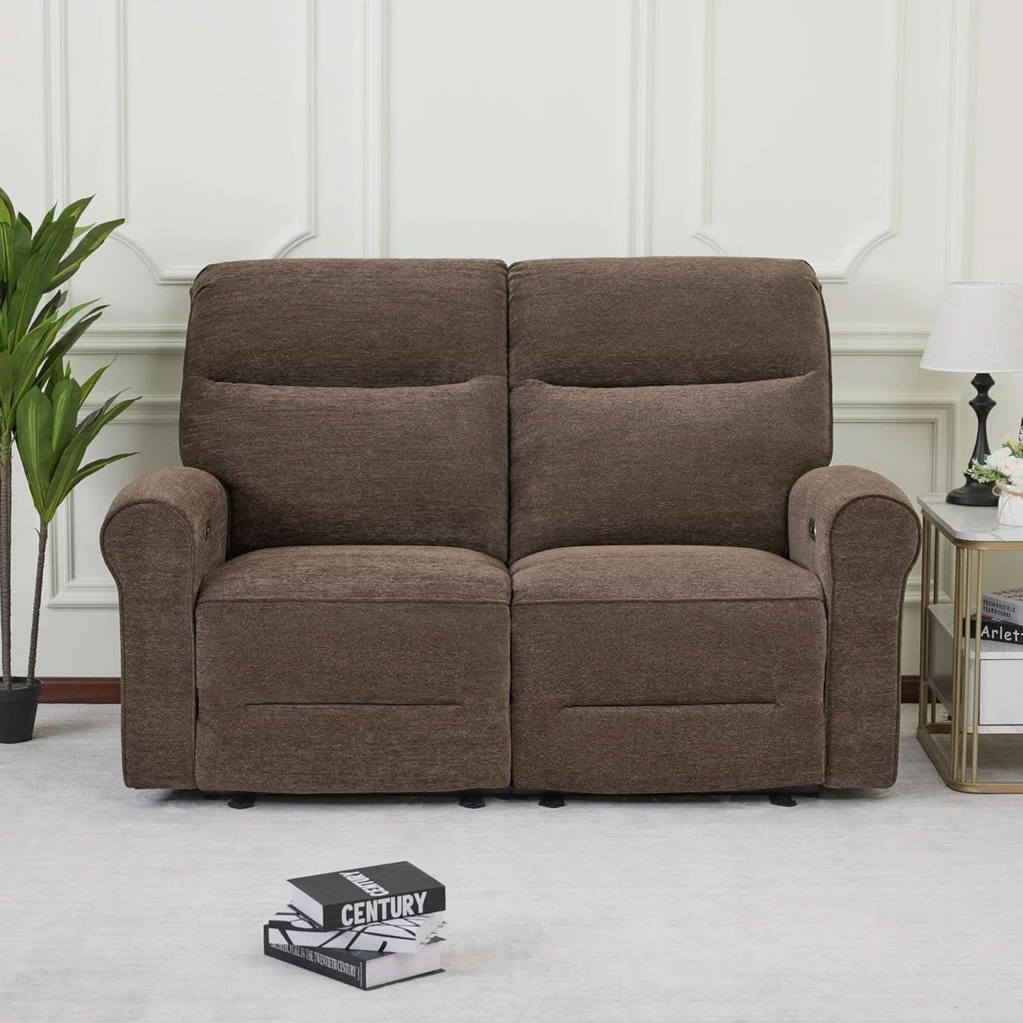 Fabric 64.6 Inch Dark Brown Wall Hugger Power Recliner Loveseat-1