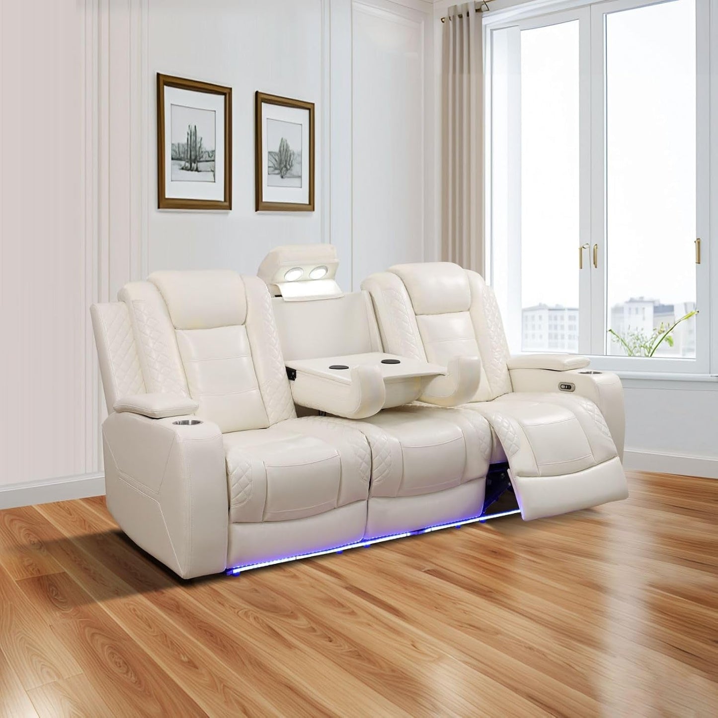 Power Recliner Sofa Set Cream White USB Charging LED-3