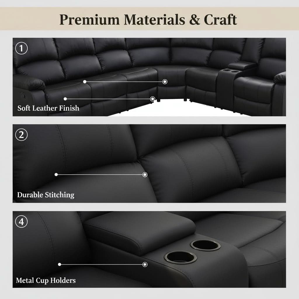 Power Reclining Leather Sectional Sofa Black Home Theater-2
