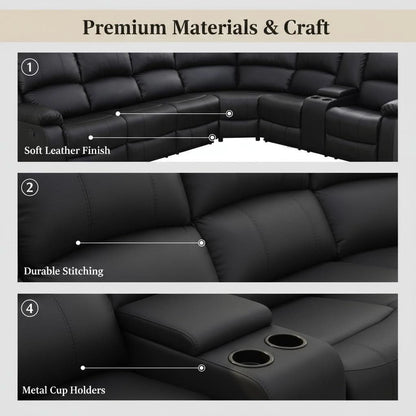 Power Reclining Leather Sectional Sofa Black Home Theater-2