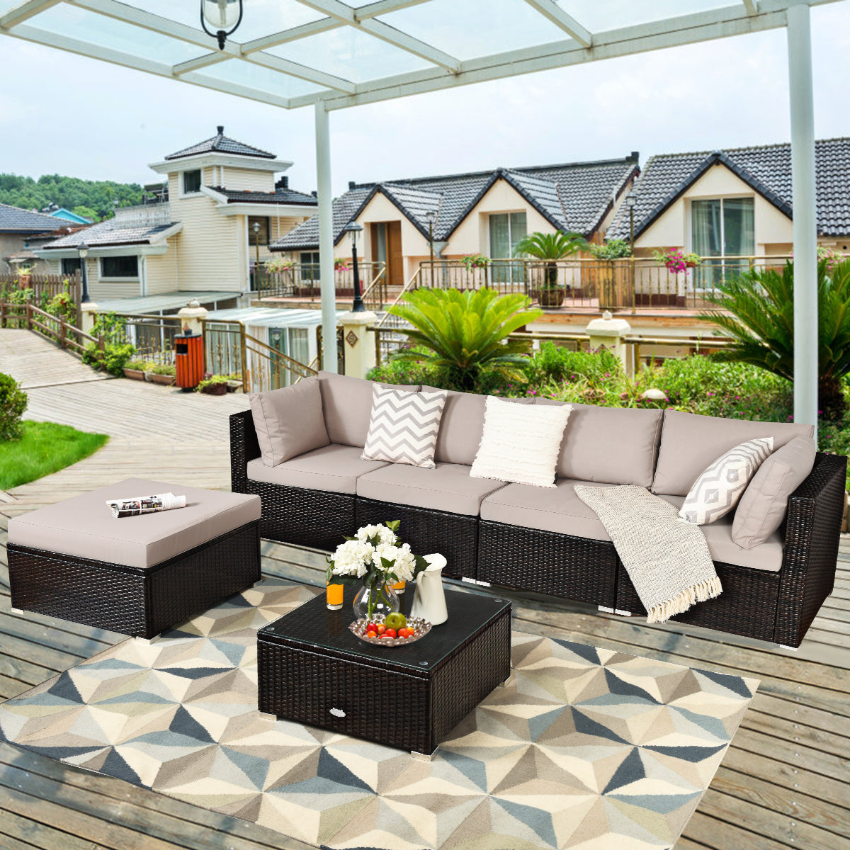 NNECW 6 PCS Outdoor Lounge Setting Furniture Rattan Patio Wicker Sofa Set Garden-0