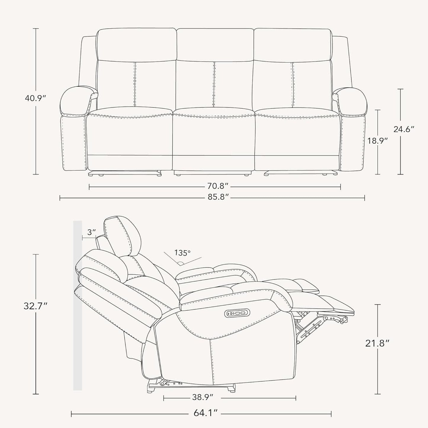 Navy Genuine Leather Power Recliner Sofa With USB Type C-1