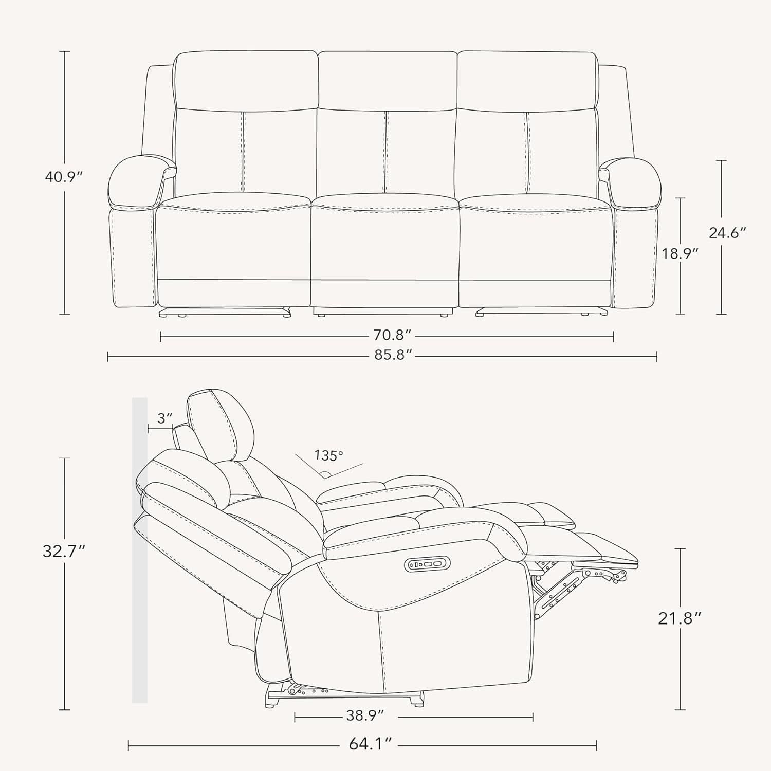 Navy Genuine Leather Power Recliner Sofa With USB Type C-1