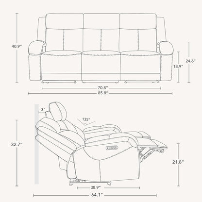 Navy Genuine Leather Power Recliner Sofa With USB Type C-1