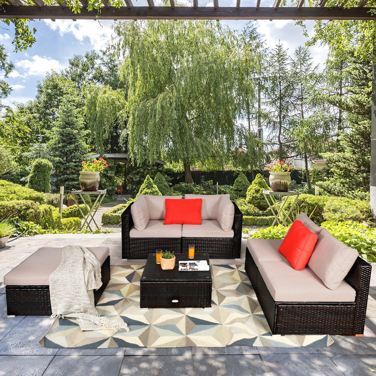 NNECW 6 PCS Outdoor Lounge Setting Furniture Rattan Patio Wicker Sofa Set Garden-4