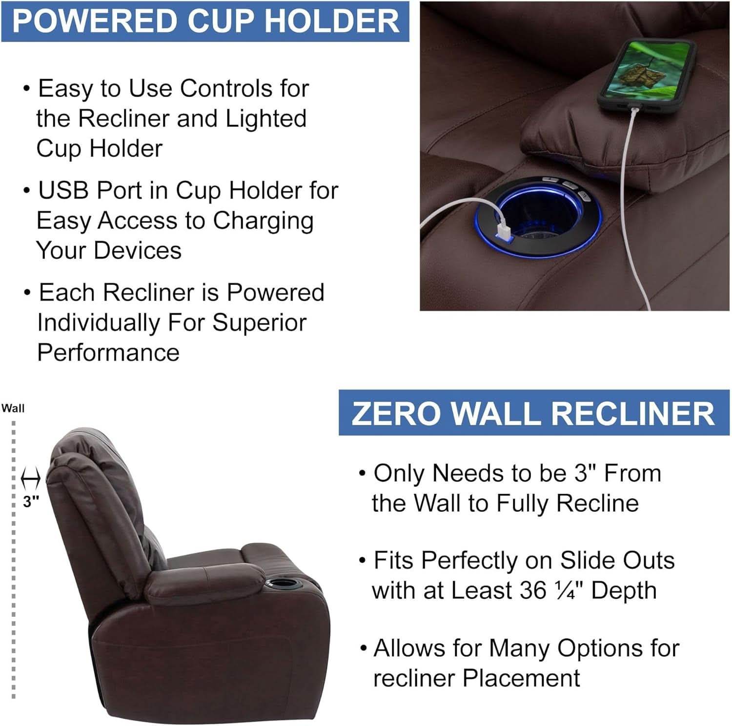 67 Inch Powered RV Wall Hugger Recliner Sofa Mahogany-4