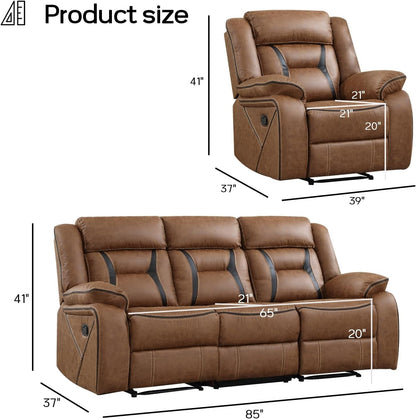 Brown Faux Leather Recliner Sofa Set Luxury Living Room Furniture-1