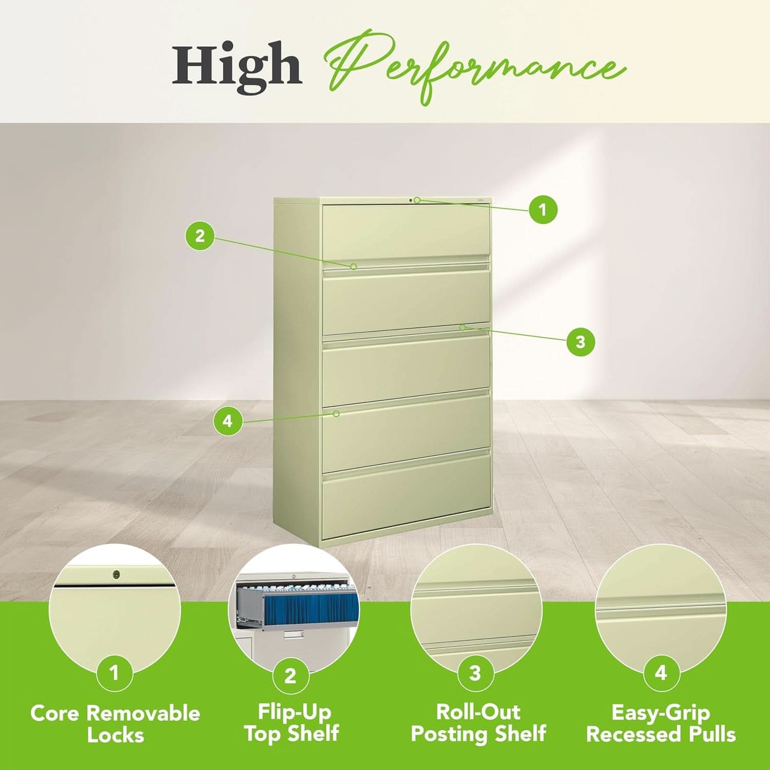 Putty 5 Drawer Lateral File Cabinet With Lock Office Filing-3