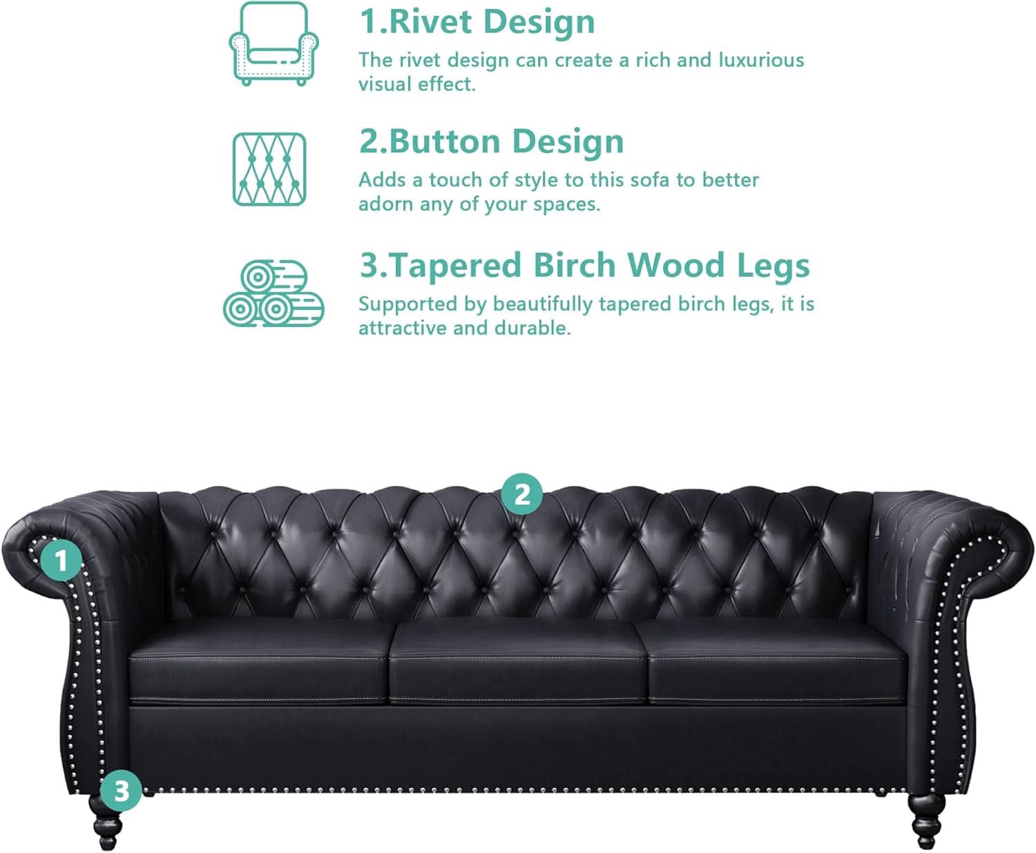 3 Piece Living Room Set Sectional Chesterfield Sofa Chair Artificial Leather Black-2
