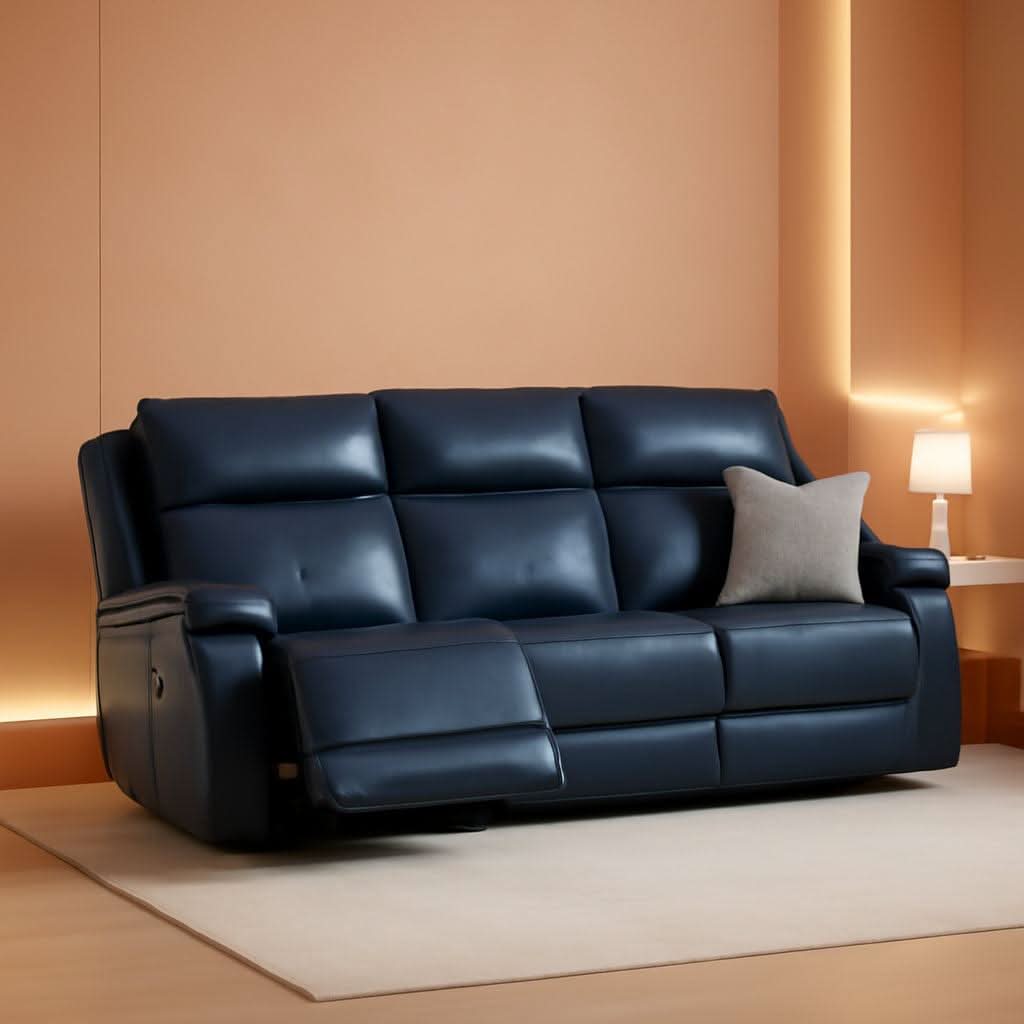 Navy Genuine Leather Power Recliner Sofa With USB Type C-0