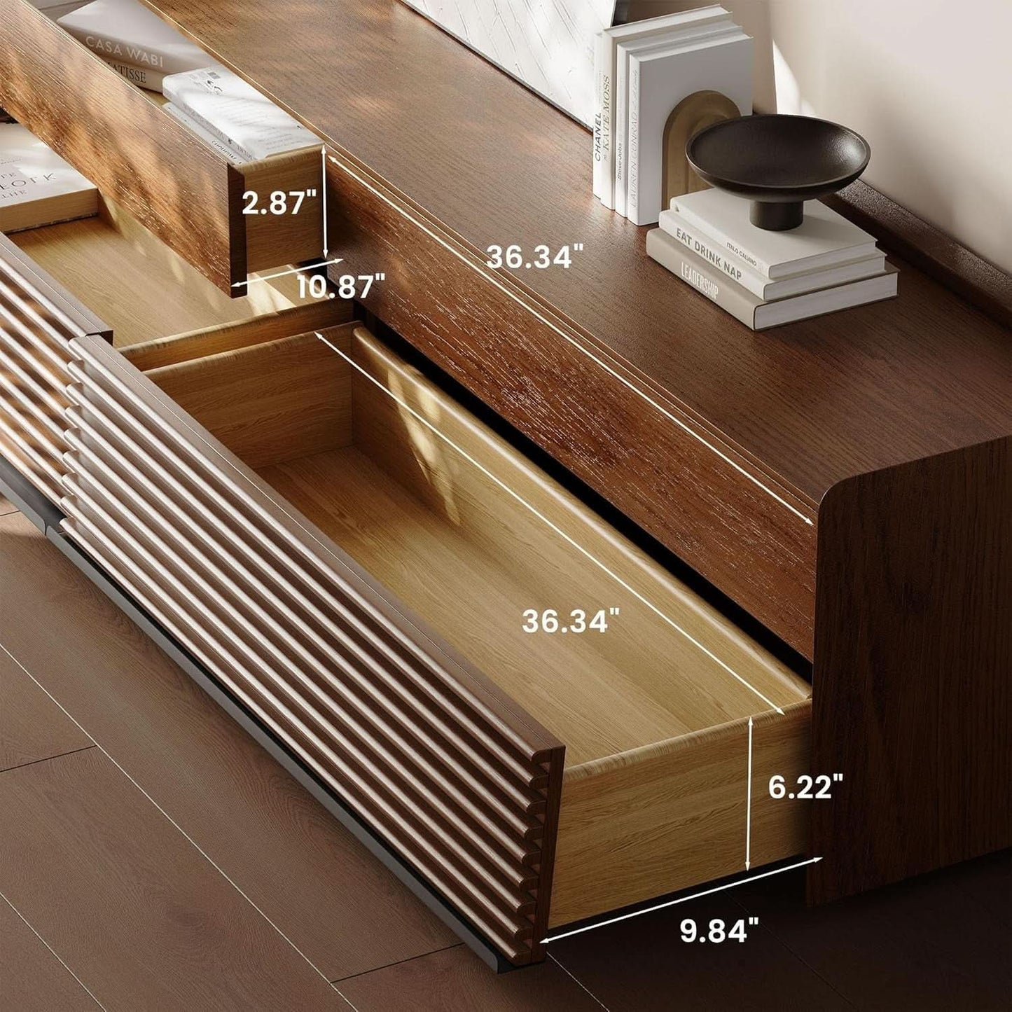 Walnut 78 Inch Mid Century Modern TV Stand With LED Storage-1
