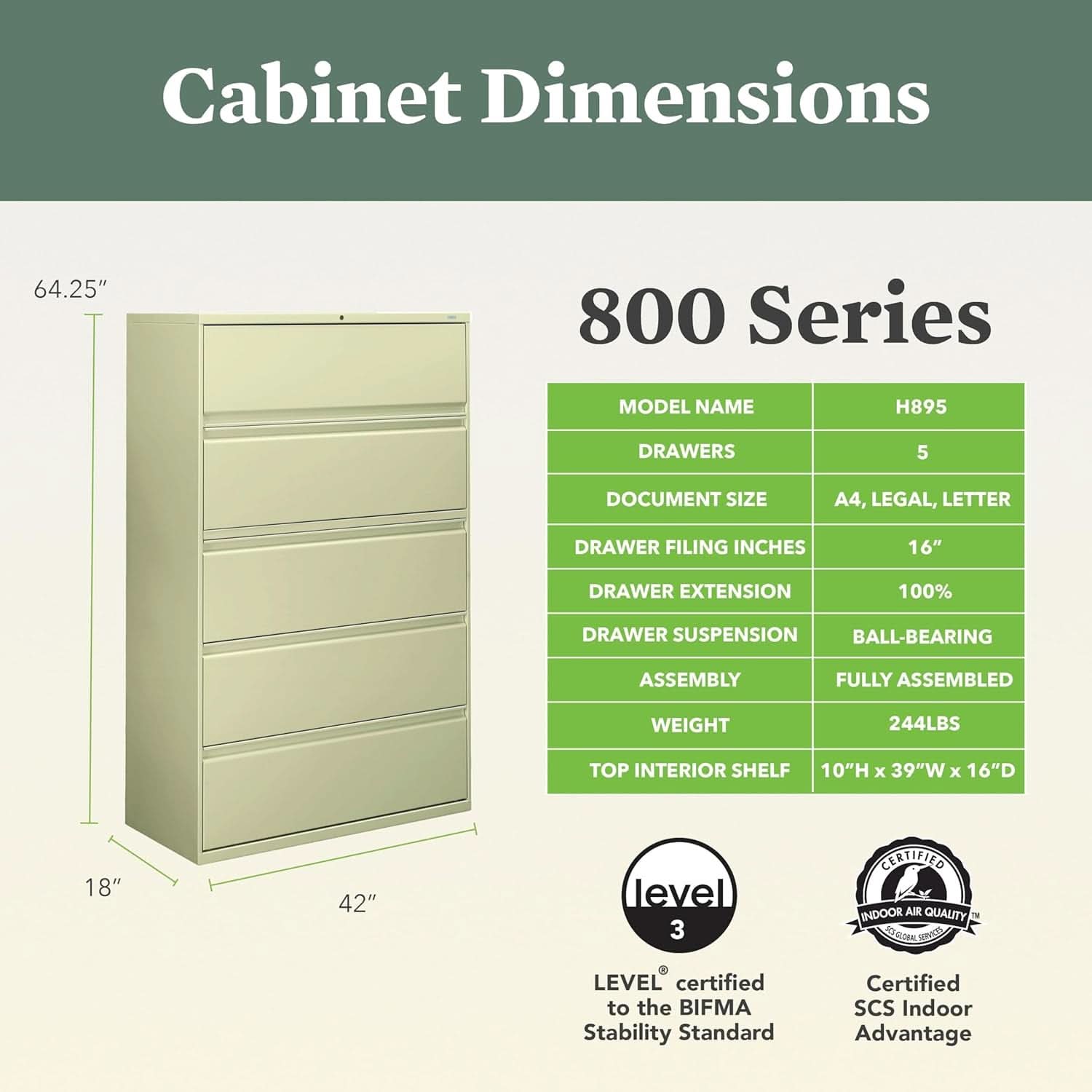 Putty 5 Drawer Lateral File Cabinet With Lock Office Filing-1