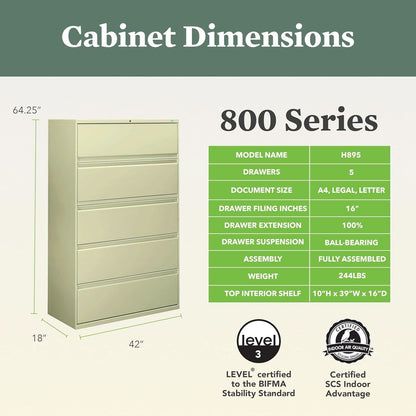 Putty 5 Drawer Lateral File Cabinet With Lock Office Filing-1