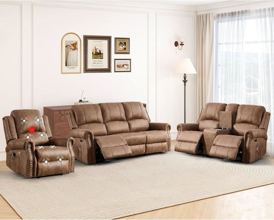 Brown Electric Faux Leather Reclining Sofa Massage-0