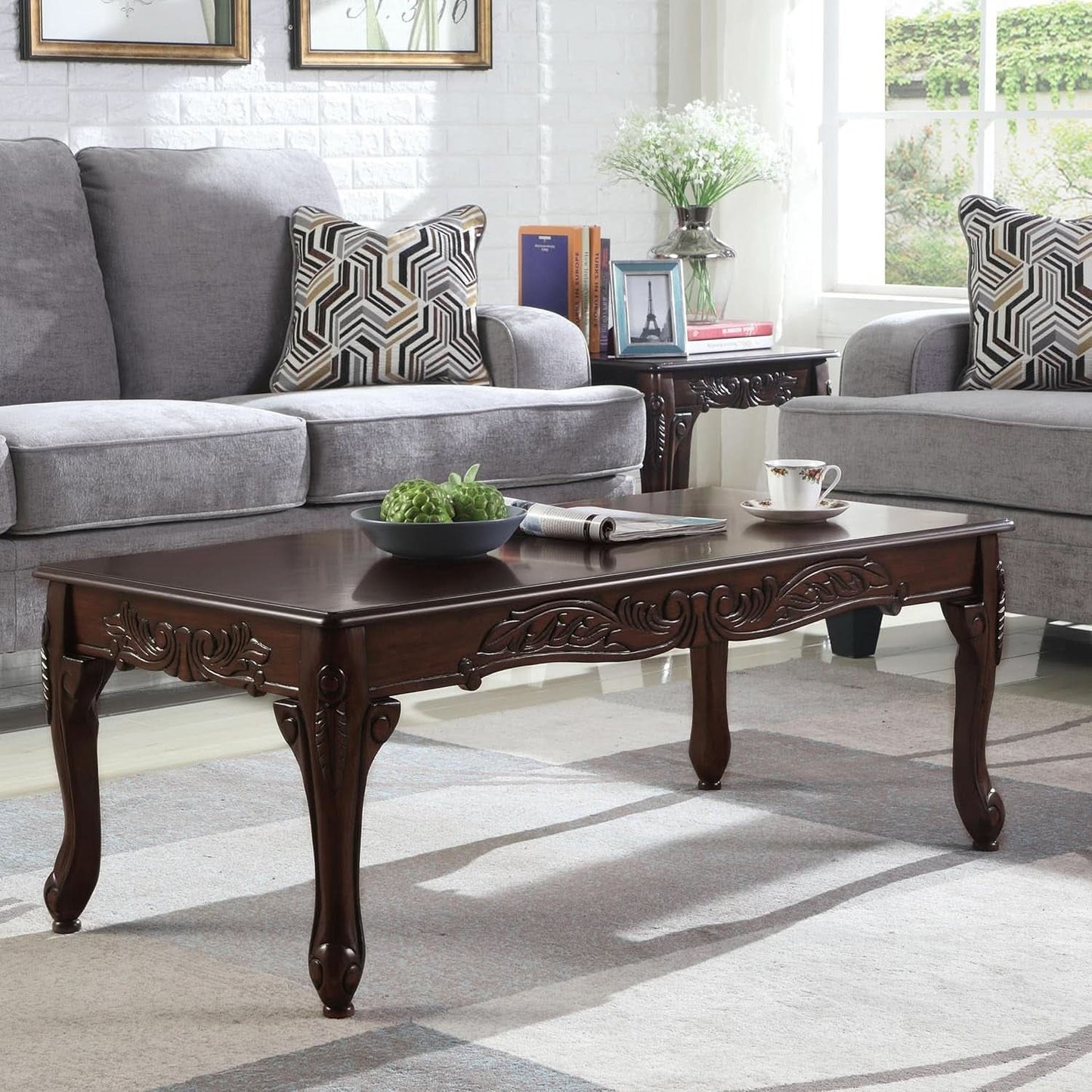 Hernen Carved Wood Frame 5Piece Living Room Set Beige Wheat-3