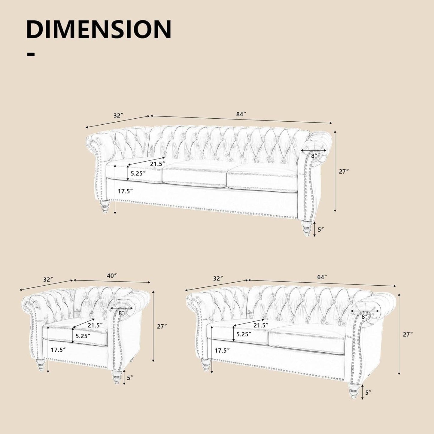 3 Piece Living Room Set Sectional Chesterfield Sofa Chair Artificial Leather Black-1