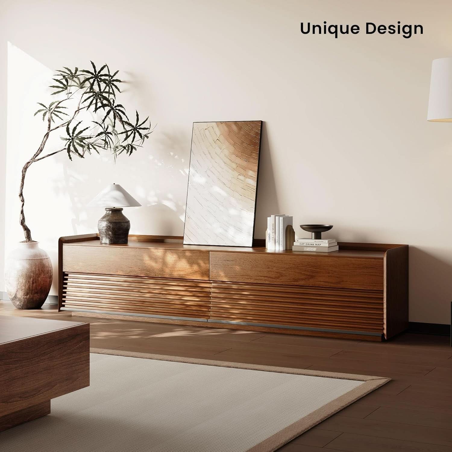 Walnut 78 Inch Mid Century Modern TV Stand With LED Storage-2