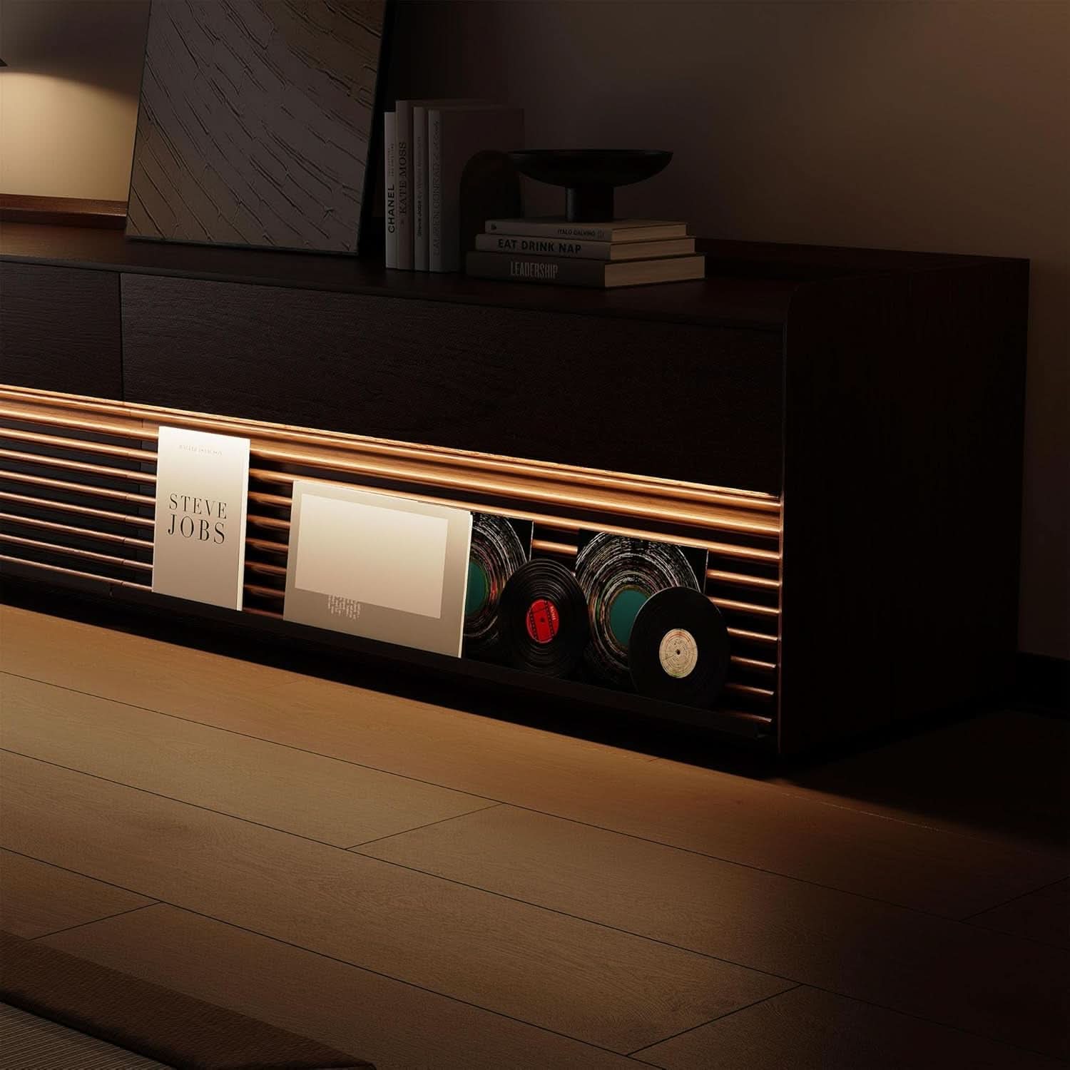 Walnut 78 Inch Mid Century Modern TV Stand With LED Storage-4