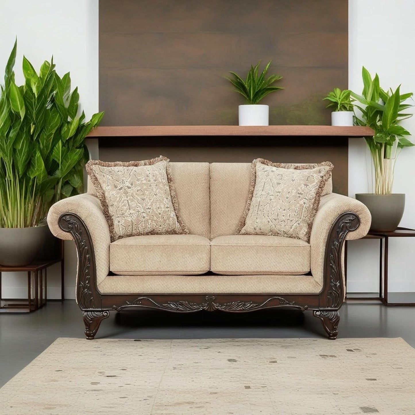 Hernen Carved Wood Frame 5Piece Living Room Set Beige Wheat-2