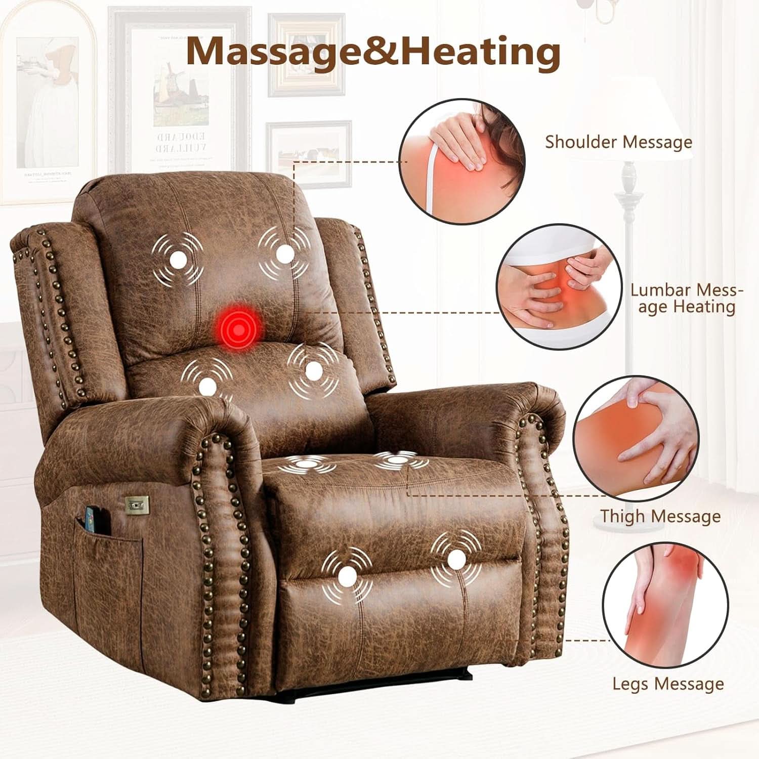 Brown Electric Faux Leather Reclining Sofa Massage-2