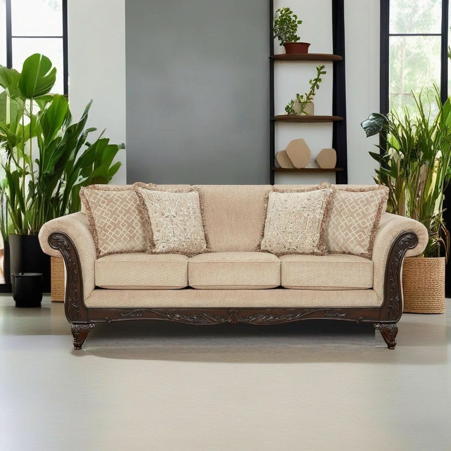 Hernen Carved Wood Frame 5Piece Living Room Set Beige Wheat-1