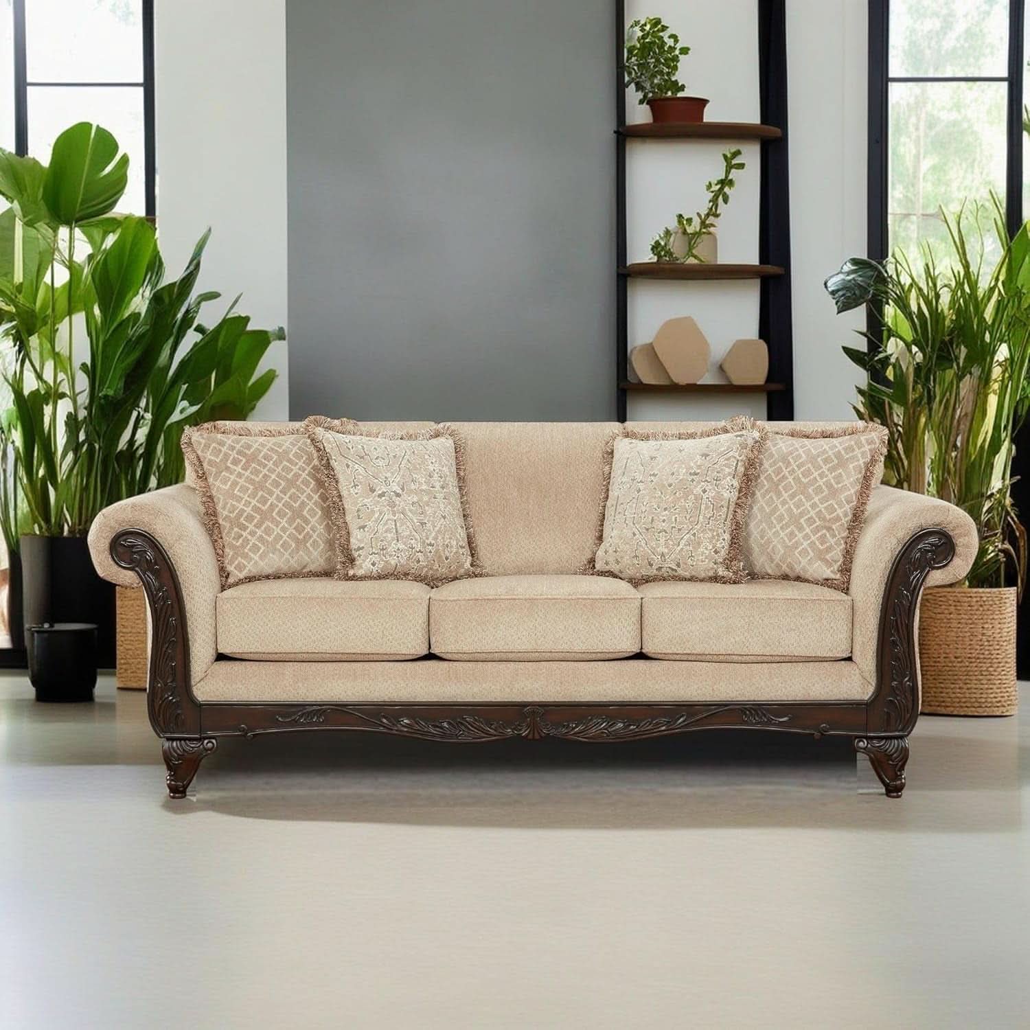 Hernen Carved Wood Frame 5Piece Living Room Set Beige Wheat-1