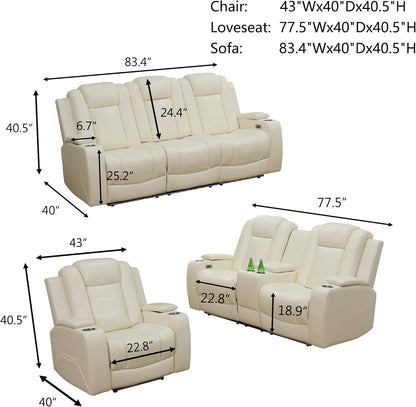 Power Recliner Sofa Set Cream White USB Charging LED-1