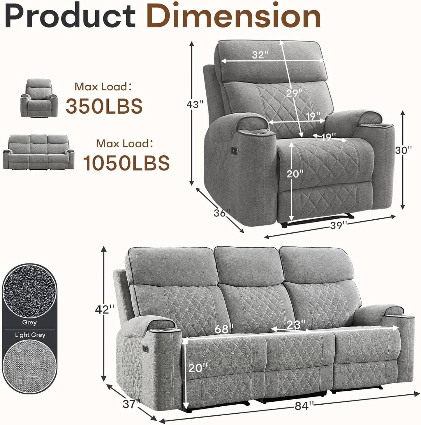 Light Grey High Performance Power Recliner Sofa Set-1