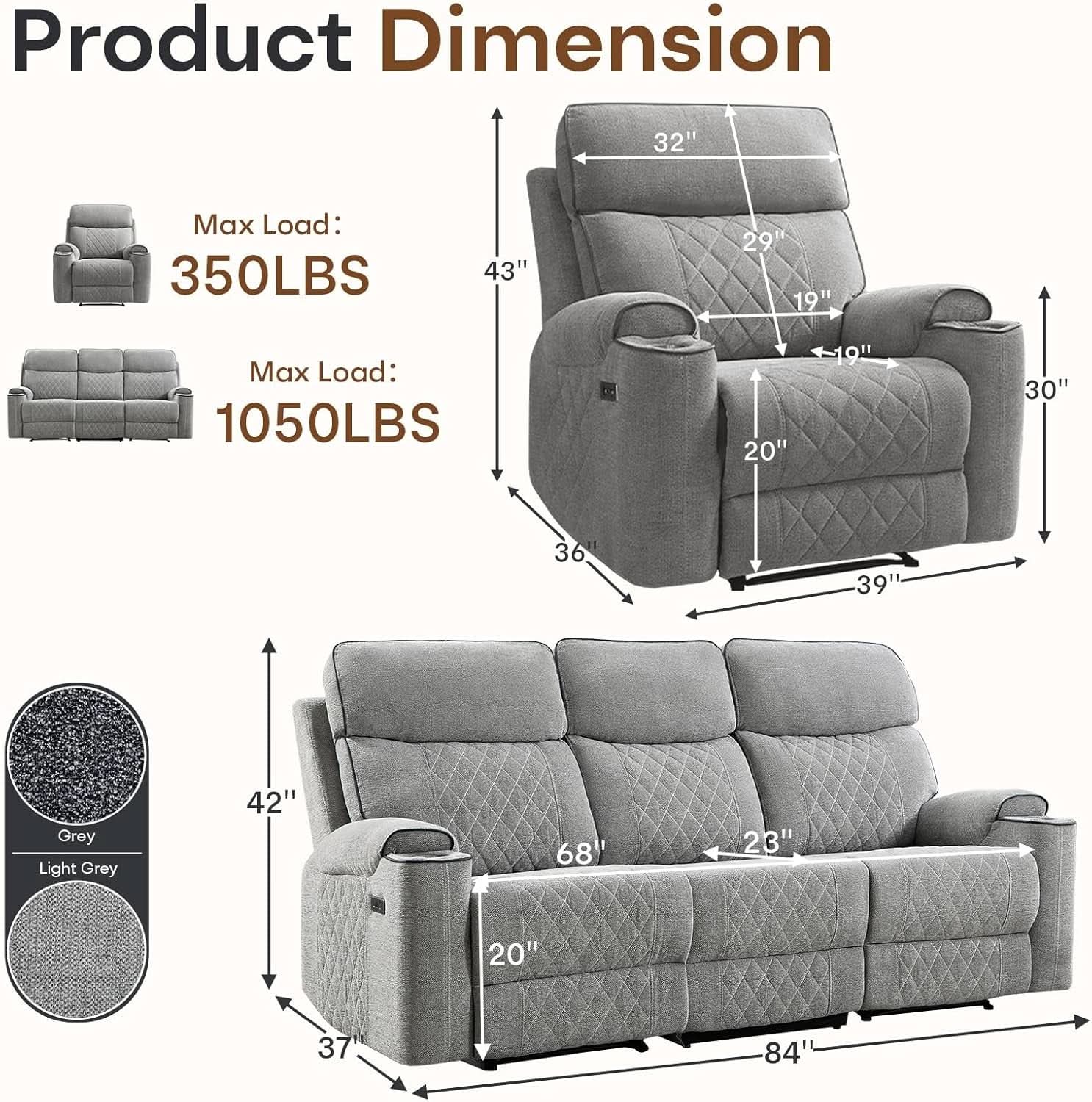 Light Grey High Performance Power Recliner Sofa Set-1