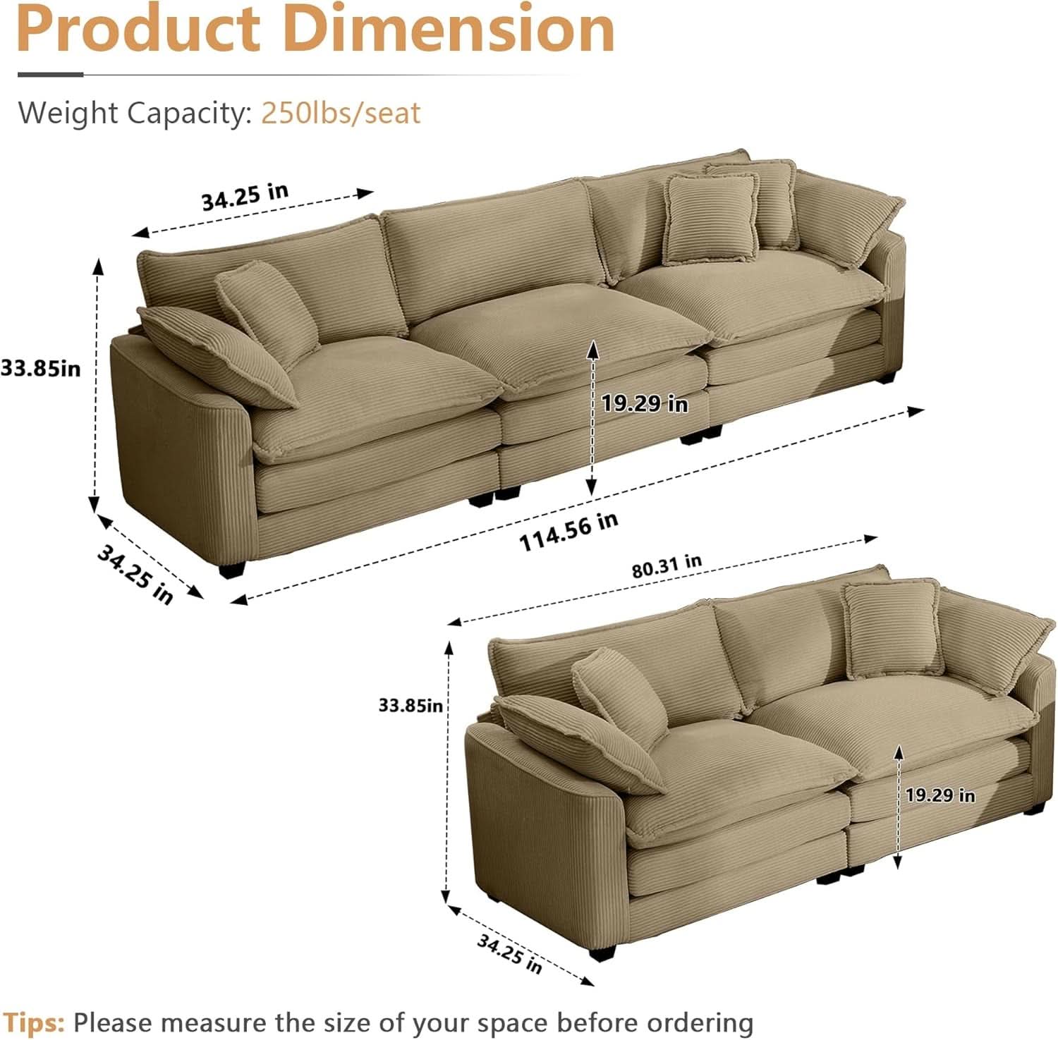 3 Piece Corduroy Sofa Set Camel 3 Seater And 2 Loveseats-1