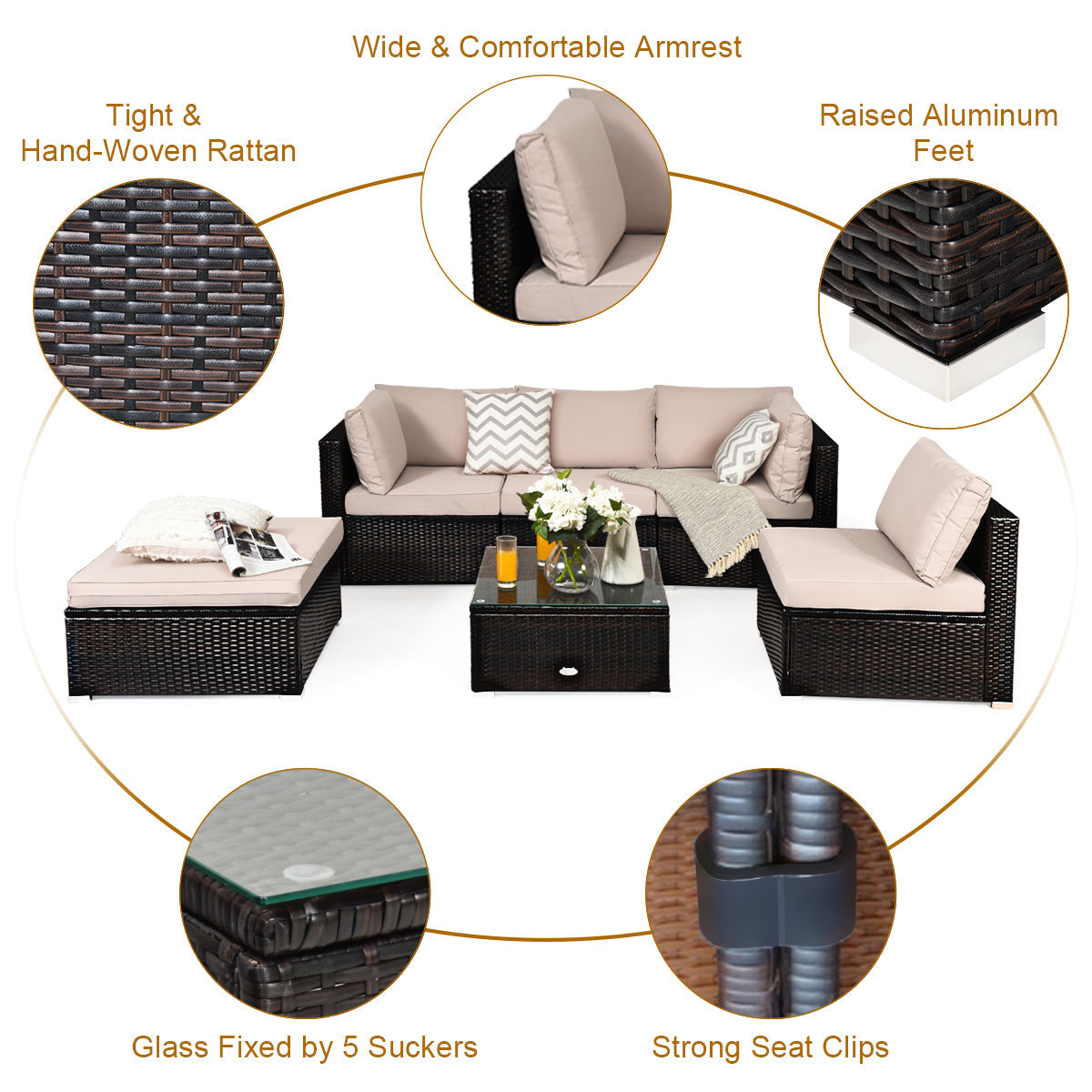 NNECW 6 PCS Outdoor Lounge Setting Furniture Rattan Patio Wicker Sofa Set Garden-2