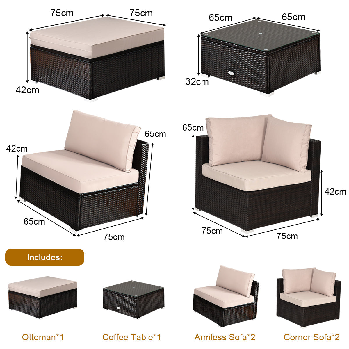 NNECW 6 PCS Outdoor Lounge Setting Furniture Rattan Patio Wicker Sofa Set Garden-3