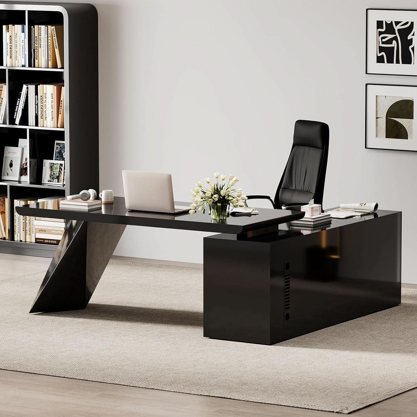 Modern L Shape Executive Desk With Drawers And Cabinet-0