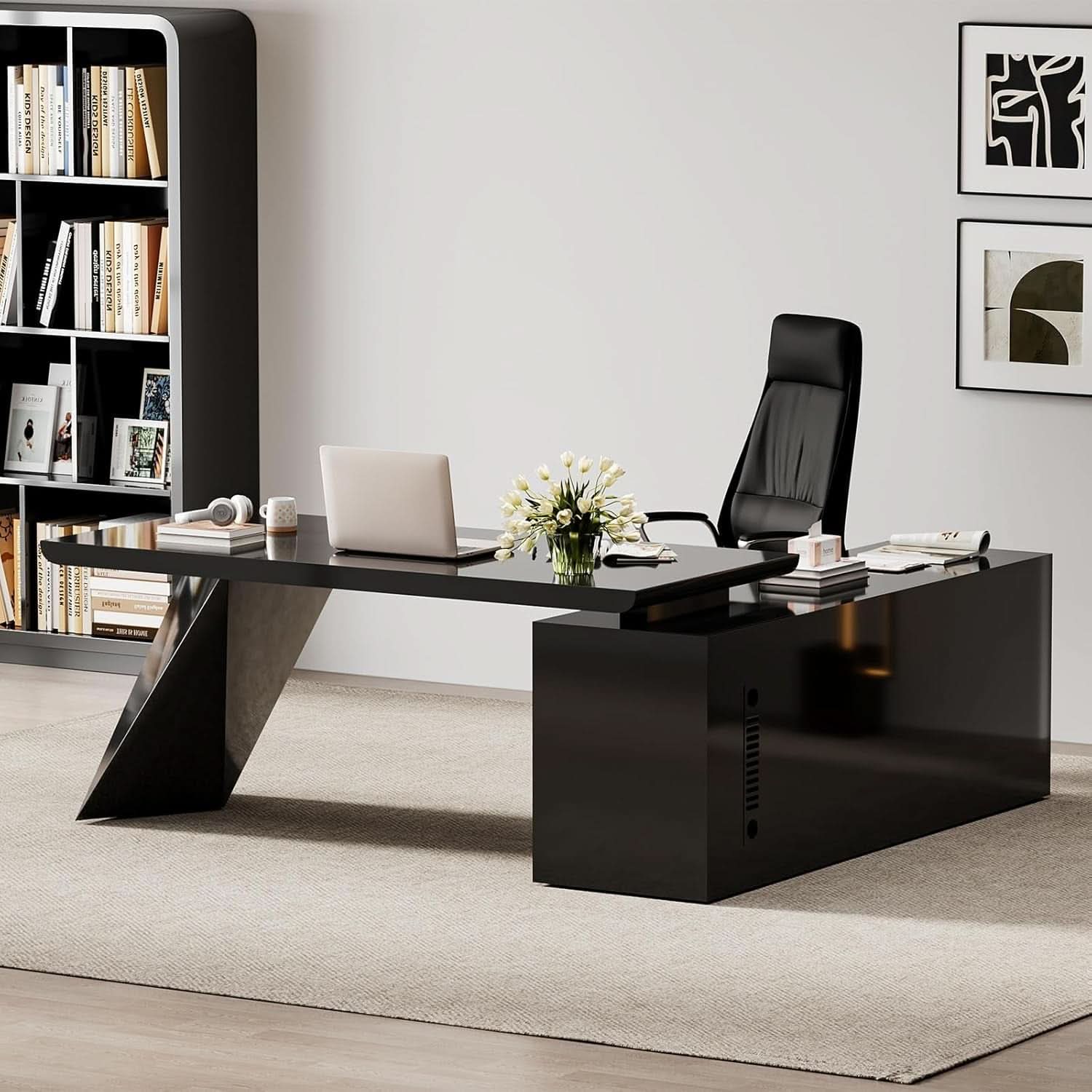 Modern L Shape Executive Desk With Drawers And Cabinet-0